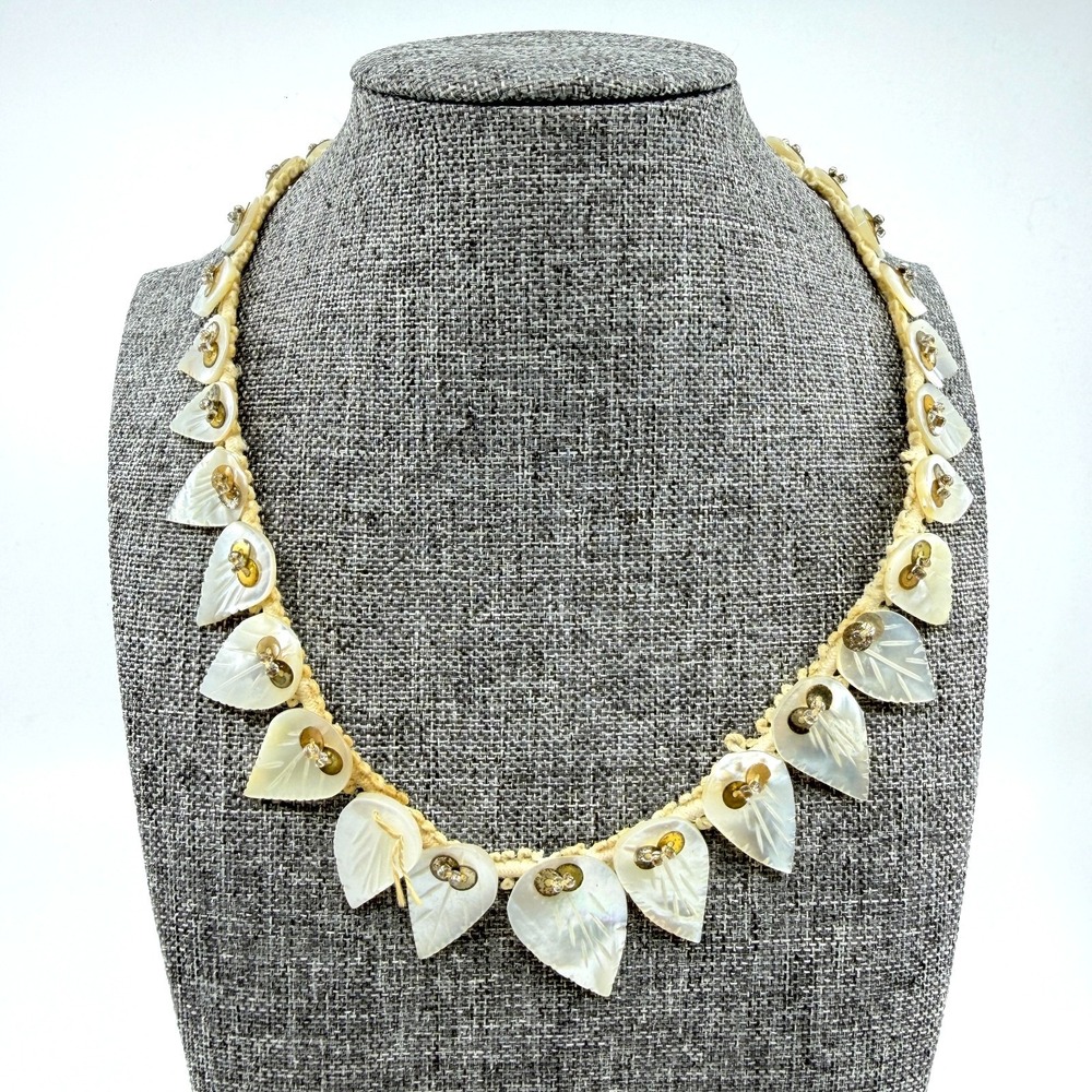 Handmade Mother of Pearl Leaf Necklace Macrame Cord Boho Statement Jewelry Gift